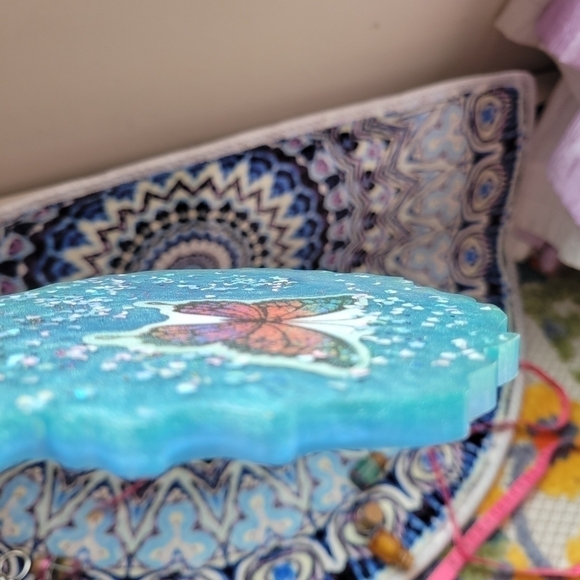 NEW Handmade Blue Resin Tray/ Coaster Piece With Butterfly And Moons Etc. - Picture 10 of 12